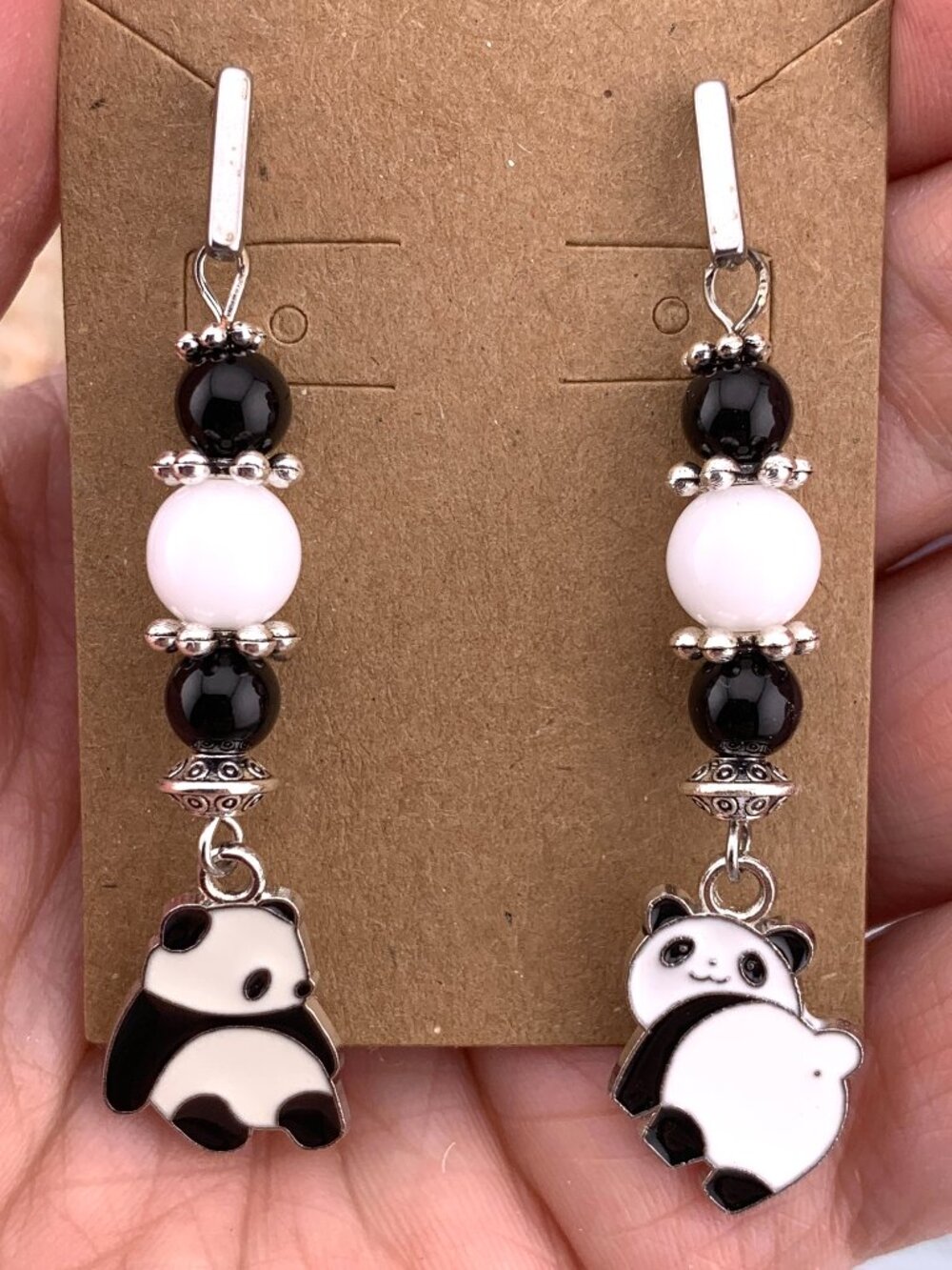 Panda Bear Black White Handmade Handcrafted Earrings LR175